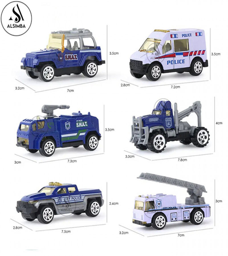 Alsimba 6 Pcs Alloy Police Die-Cast Car Playset 1:64 Scale – Metal Body Kids Toy Vehicles – Mini Police Car Set