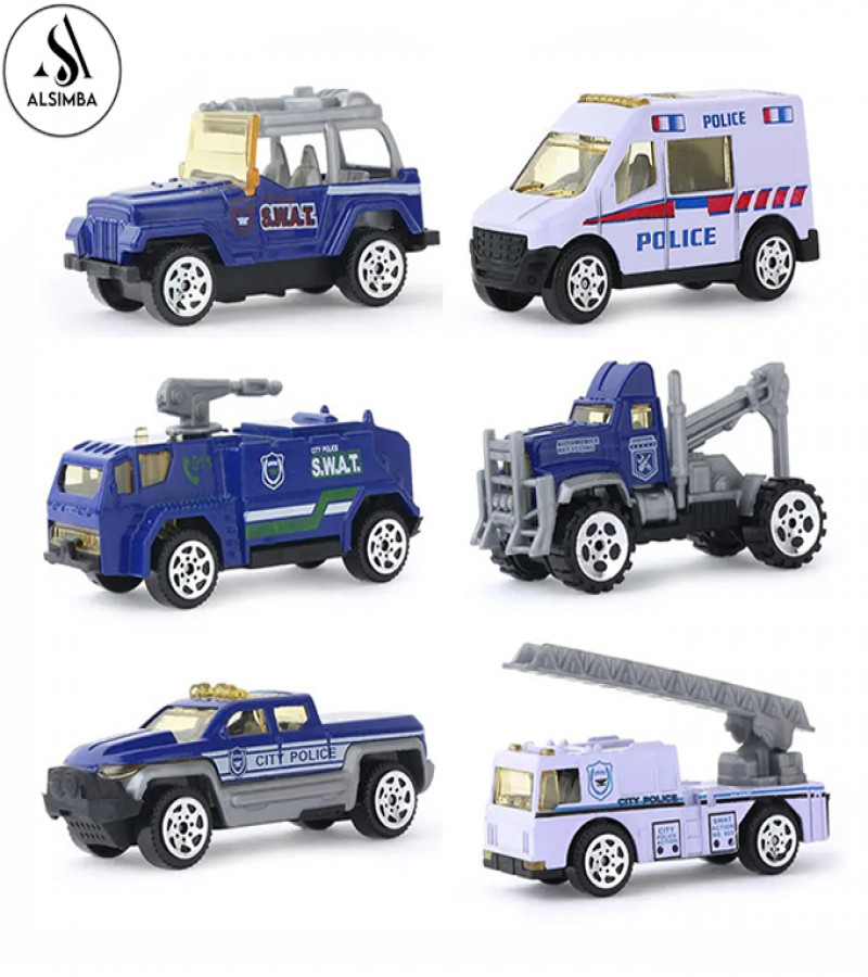Alsimba 6 Pcs Alloy Police Die-Cast Car Playset 1:64 Scale – Metal Body Kids Toy Vehicles – Mini Police Car Set