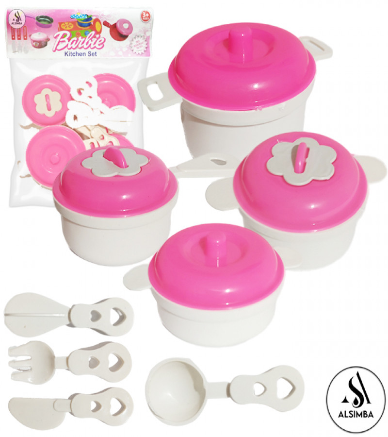Alsimba Barbie Kitchen Set 8 Pcs Toy for Kids Girls - Pink Plastic Cookware Pots & Cutlery - 4 Inch Pretend Play Set