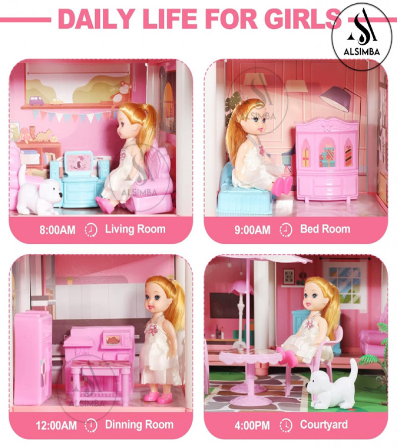 Alsimba 4-Storey Big Doll House Villa Toy with 11 Rooms, Furniture & Accessories – DIY Dream House for Girls Gift