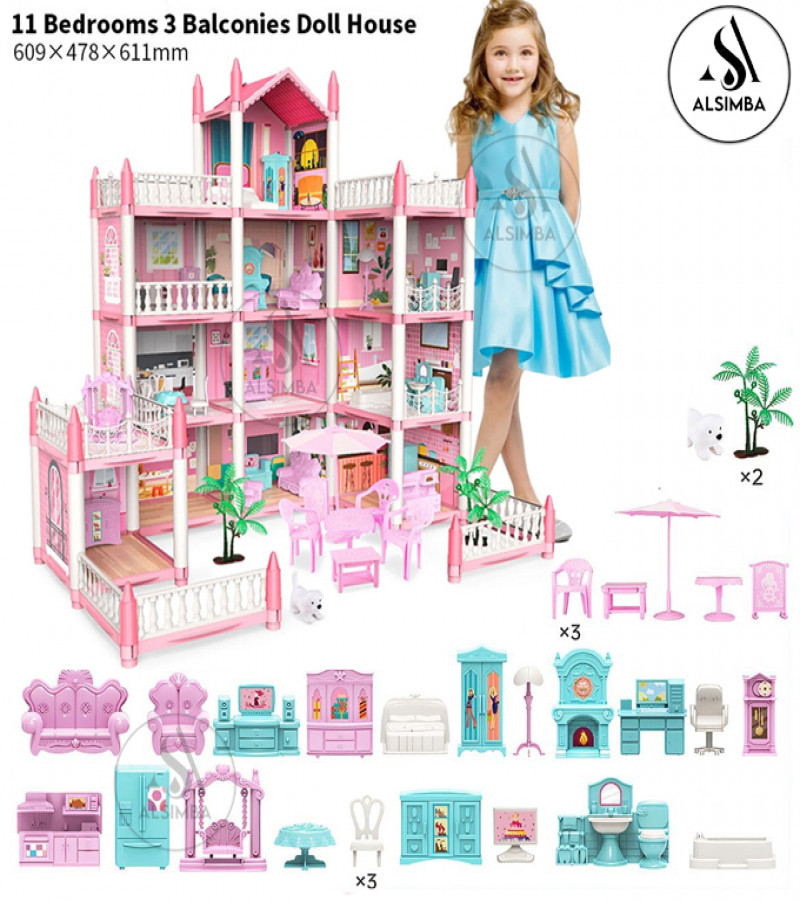 Alsimba 4-Storey Big Doll House Villa Toy with 11 Rooms, Furniture & Accessories – DIY Dream House for Girls Gift