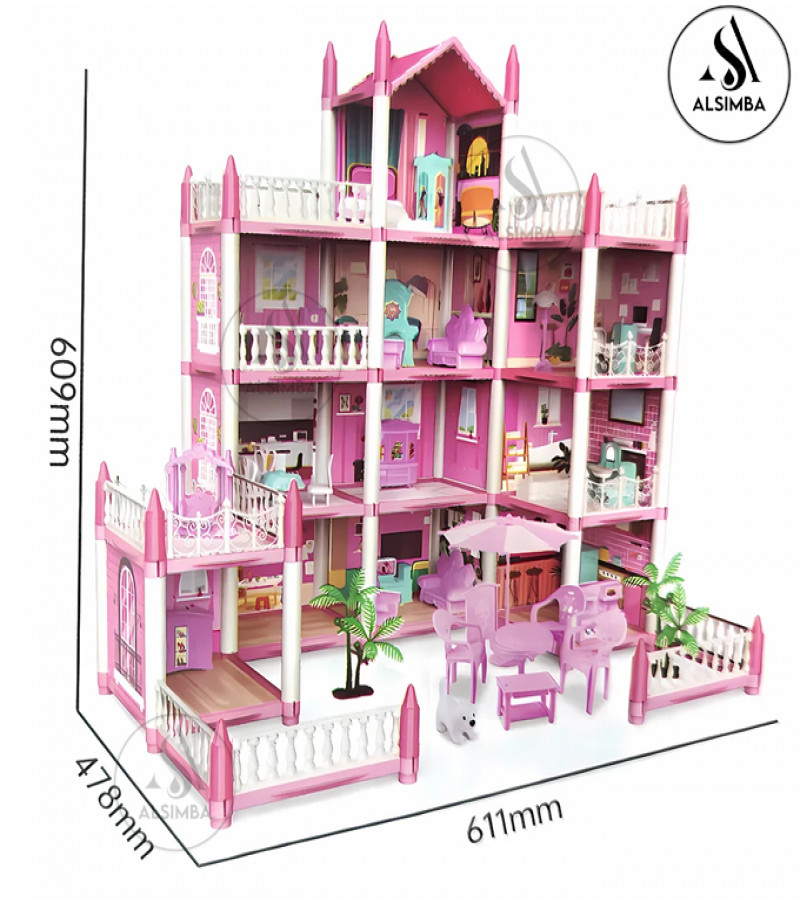 Alsimba 4-Storey Big Doll House Villa Toy with 11 Rooms, Furniture & Accessories – DIY Dream House for Girls Gift