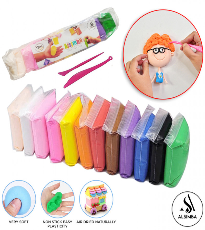 Alsimba Colors Air Dry Clay Pack of 12 for Kids - Non-Toxic Soft & Ultra Light Modeling Clay With 2 Sculpting Tools