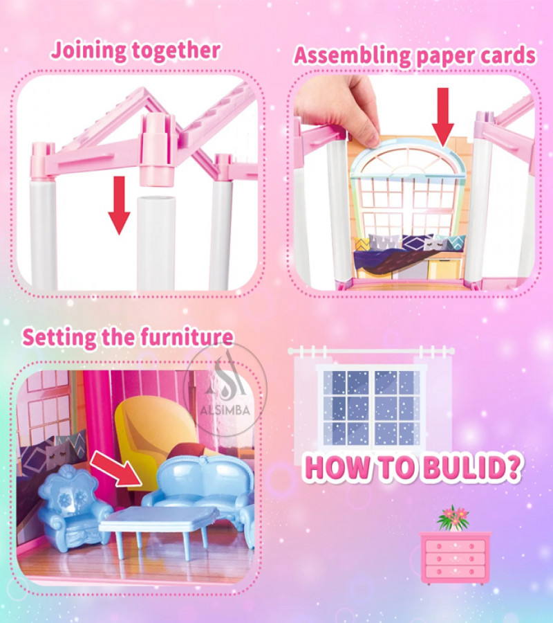 Alsimba Cottage Girl 3-Storey DIY Doll House Villa 201 Pcs | Dream Castle Toy for Kids | 8 Rooms Big Gift Playset
