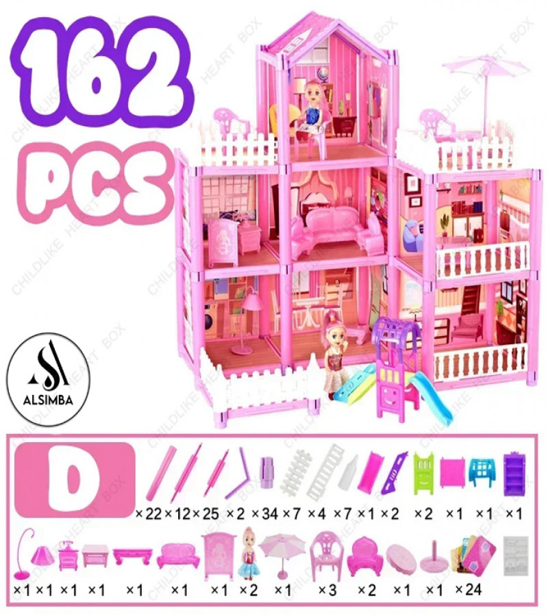 AAlsimba 3-Storey Dream Castle DIY Dollhouse Toy Set – 162-Piece Big Villa House for Girls with Family & Accessories