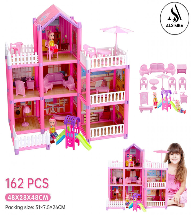 AAlsimba 3-Storey Dream Castle DIY Dollhouse Toy Set – 162-Piece Big Villa House for Girls with Family & Accessories