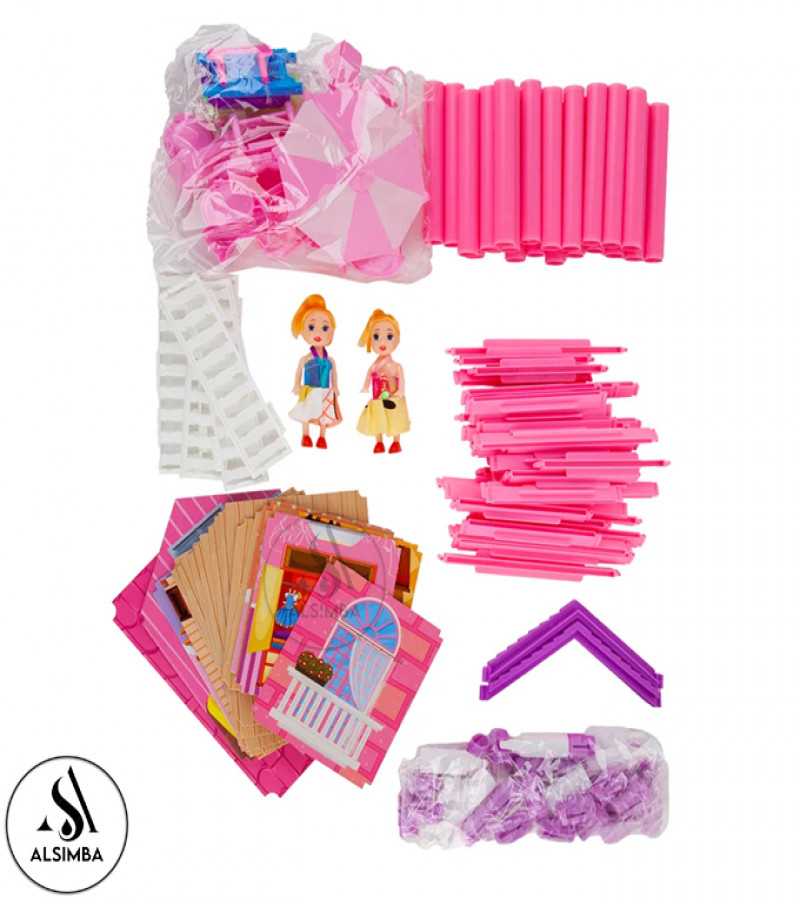 Alsimba Holiday Villa 3-Story Pink Dollhouse 129pcs DIY Playset Gift for Girls – Assembled Toy Home Set, 24 Inches