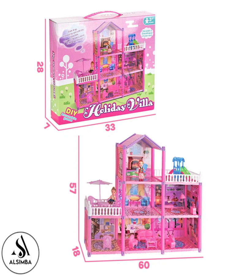 Alsimba Holiday Villa 3-Story Pink Dollhouse 129pcs DIY Playset Gift for Girls – Assembled Toy Home Set, 24 Inches