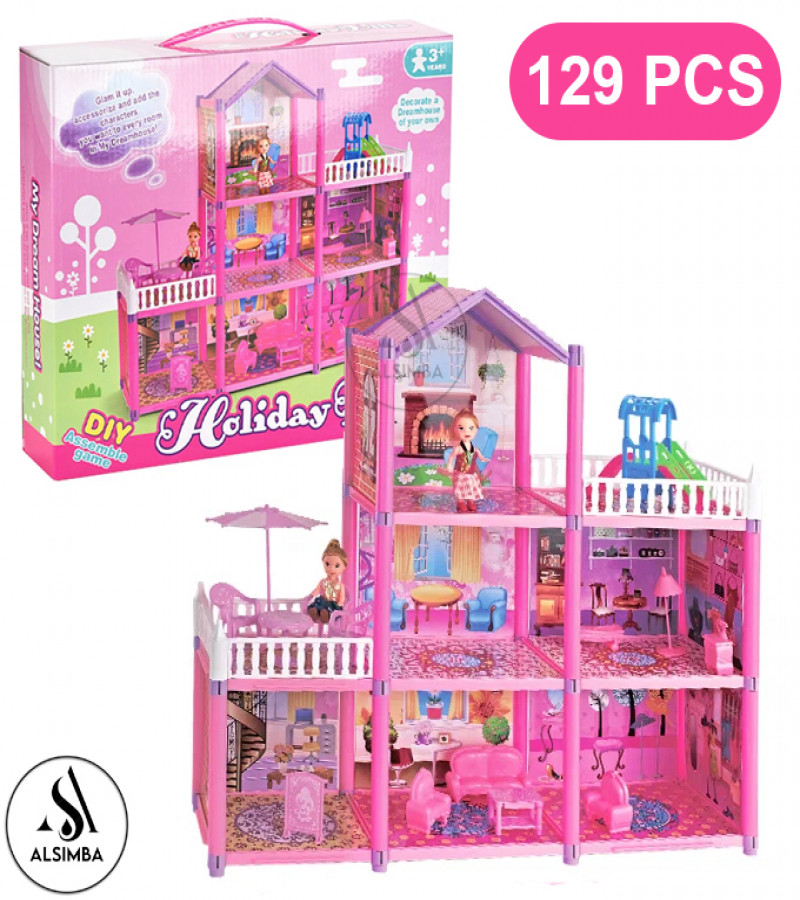 Alsimba Holiday Villa 3-Story Pink Dollhouse 129pcs DIY Playset Gift for Girls – Assembled Toy Home Set, 24 Inches