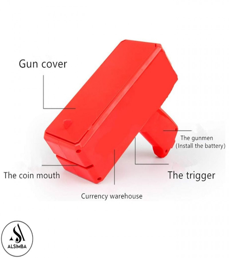 Alsimba High Quality Red Money Gun Toy with 100 Fake Bills - Fun Party Spray Machine for Kids & Adults - 20cm