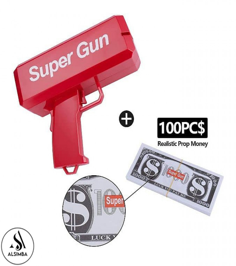 Alsimba High Quality Red Money Gun Toy with 100 Fake Bills - Fun Party Spray Machine for Kids & Adults - 20cm