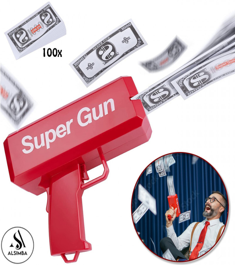 Alsimba High Quality Red Money Gun Toy with 100 Fake Bills - Fun Party Spray Machine for Kids & Adults - 20cm