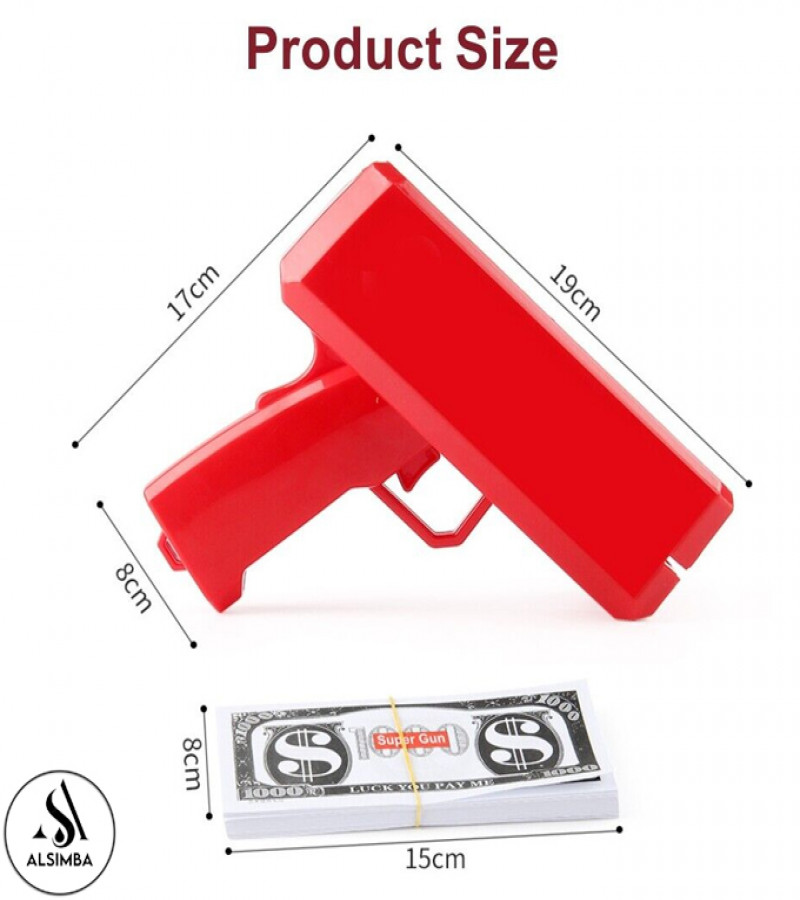 Alsimba High Quality Red Money Gun Toy with 100 Fake Bills - Fun Party Spray Machine for Kids & Adults - 20cm