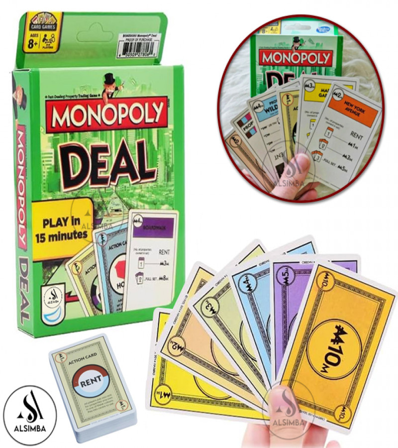 Alsimba Monopoly Deal Card Game – Special Imported Edition 110 Laminated Cards for Kids & Adults, Family Fun – Green