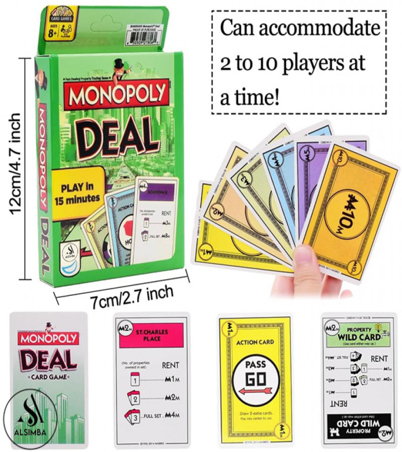 Alsimba Monopoly Deal Card Game – Special Imported Edition 110 Laminated Cards for Kids & Adults, Family Fun – Green