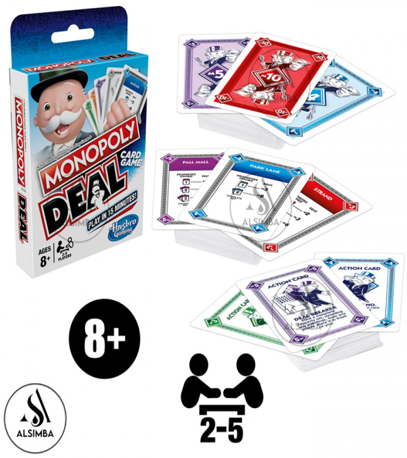 Alsimba Monopoly Deal Card Game – 110 Cards Fun Strategy Game for Kids & Adults – 2-5 Players, Ages 8+, White Edition