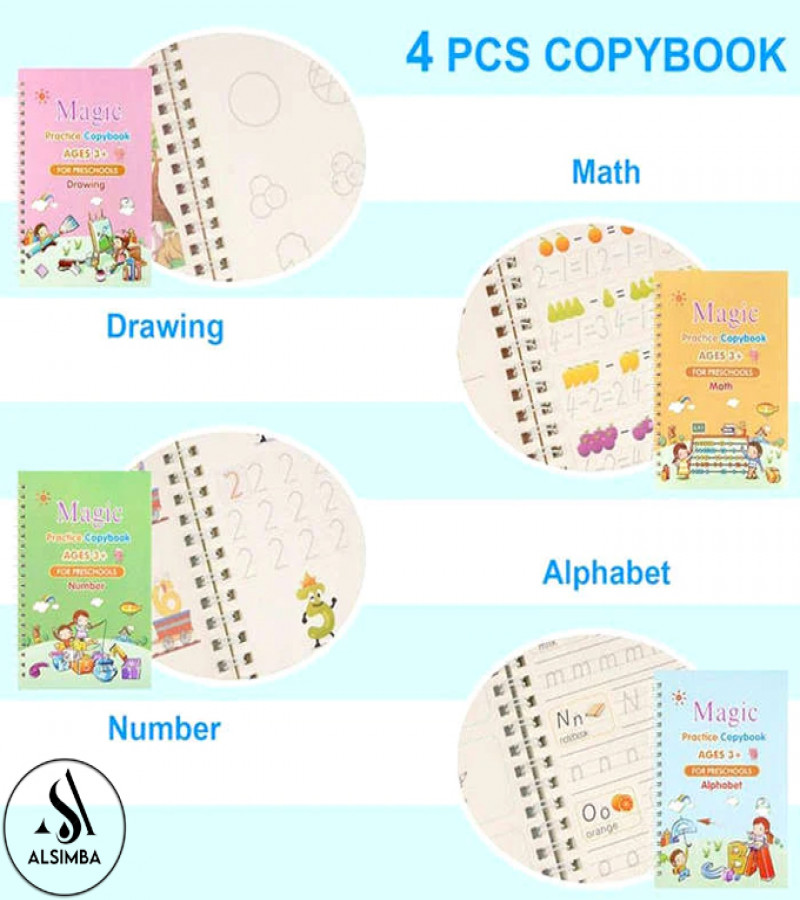 Alsimba 4 in 1 Magic Reusable Montessori Calligraphy Copybook Set with Pen, Refills & Grip for Kids Writing Practice