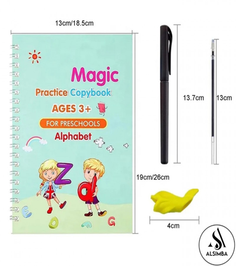 Alsimba 4 in 1 Magic Reusable Montessori Calligraphy Copybook Set with Pen, Refills & Grip for Kids Writing Practice