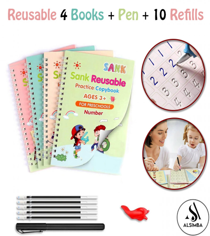 Alsimba 4 in 1 Magic Reusable Montessori Calligraphy Copybook Set with Pen, Refills & Grip for Kids Writing Practice