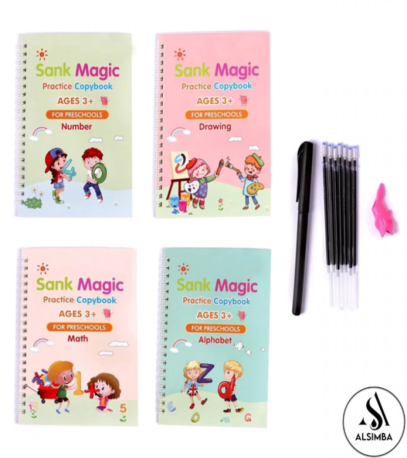 Alsimba 4 in 1 Magic Reusable Montessori Calligraphy Copybook Set with Pen, Refills & Grip for Kids Writing Practice
