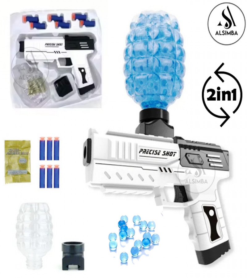 Alsimba 2-in-1 Gel Blaster & Dart Gun – Precise Shot Manual Reload Toy – Gel Ball & Nerf-Compatible – White Edition