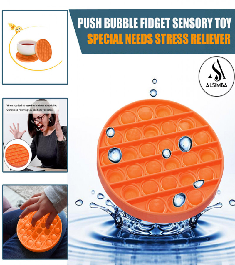 Alsimba Push Popit Bubble Fidget Toy for Kids - Silicone Stress Reliever - 5" Round Orange Sensory Toy