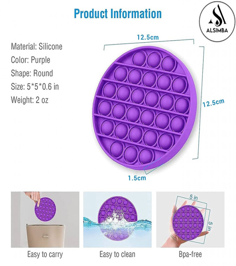 Alsimba Push Popit Bubble Fidget Toy for Kids – 5 Inch Circle – Silicone Stress Reliever – Purple Sensory Toy
