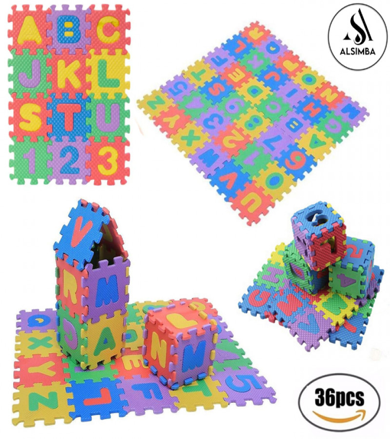 Alsimba EVA Puzzle Mat for Kids 36 Pcs – Alphabet & Number Foam Tiles 12x12 cm – Baby Room Interlocking Play Mat