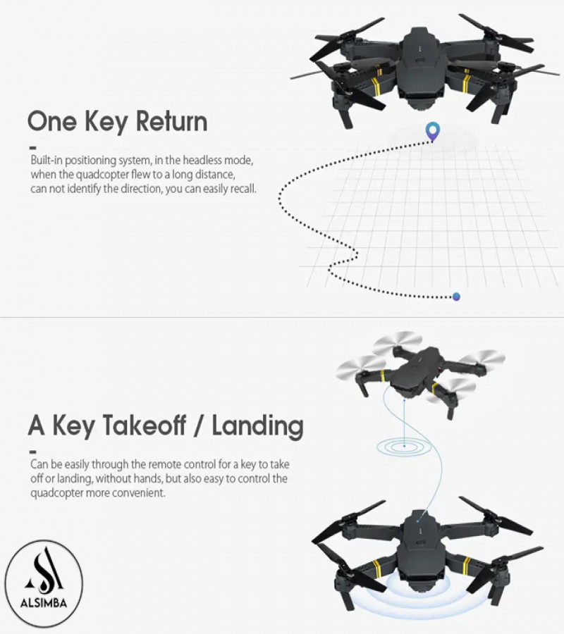 Alsimba E88 Pro Mini Foldable Black Hawk Drone - Remote Control - GPS - LED Lights - No Camera - Rechargeable