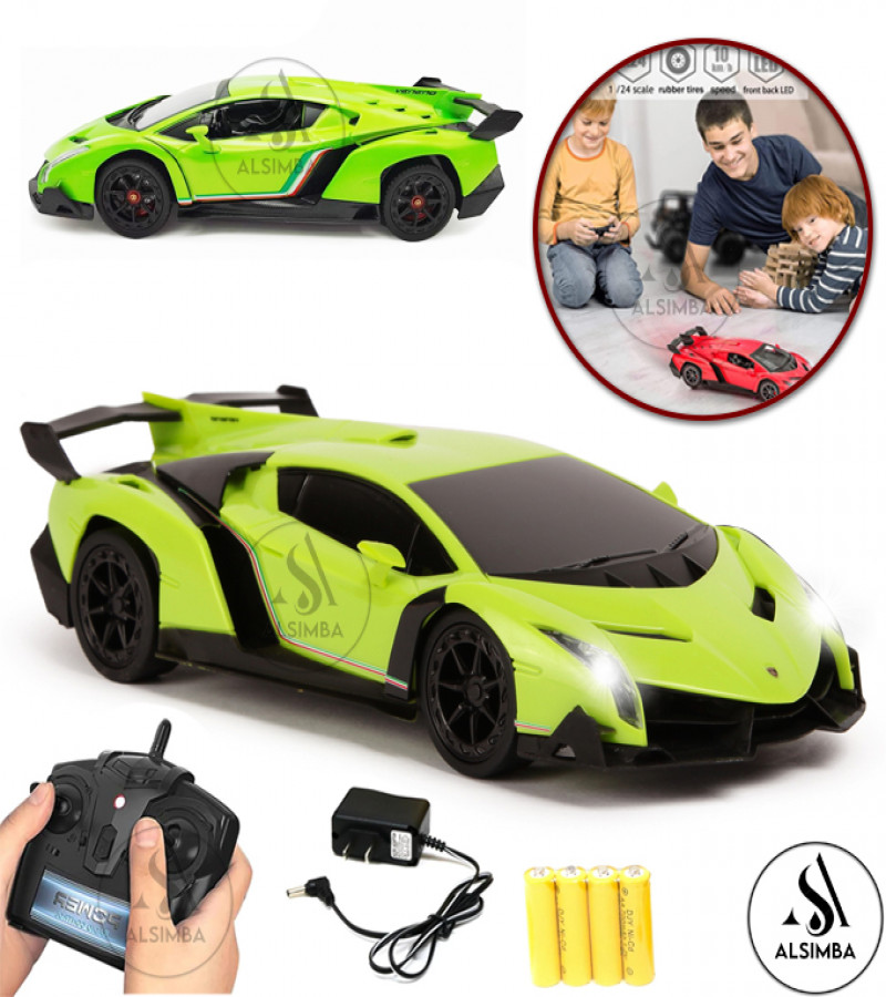 Alsimba RC Rechargeable Lamborghini Veneno Car 1:18 Scale with Lights, Sound, 4 Channel, Openable Doors – Green