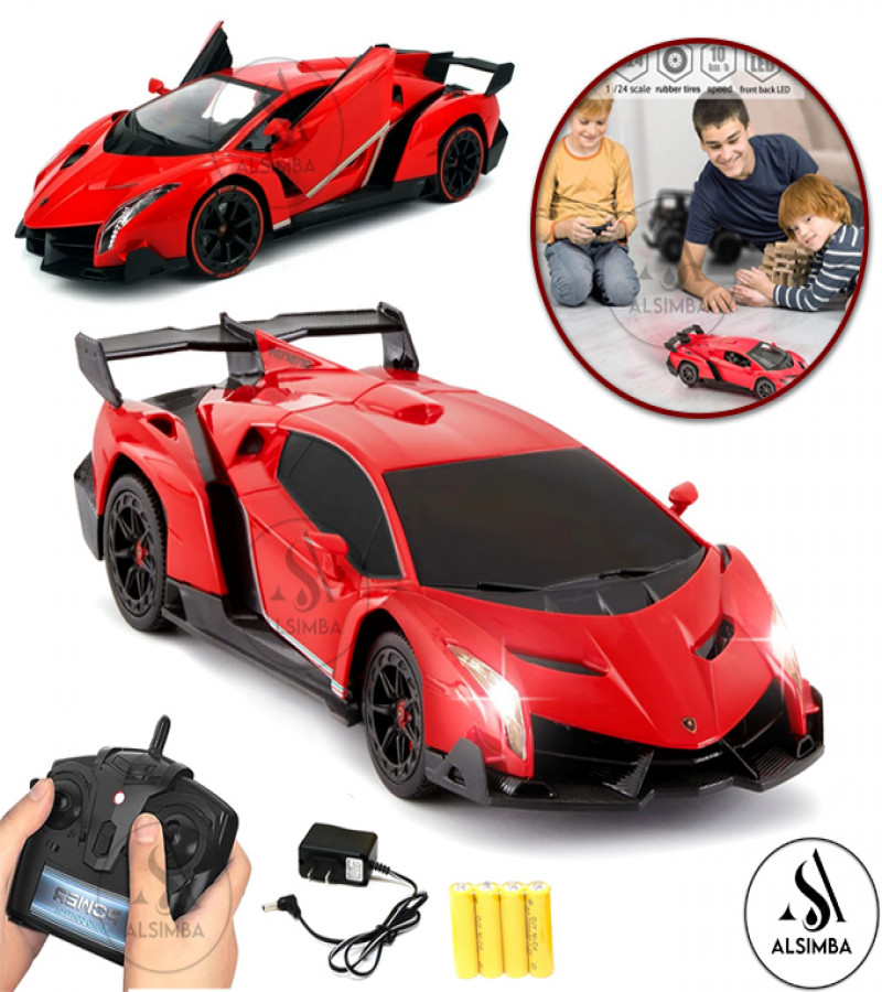 Alsimba RC Rechargeable Lamborghini Veneno Car 1:18 Scale - Lights, Sounds, Front Doors Open - Red Sports Model