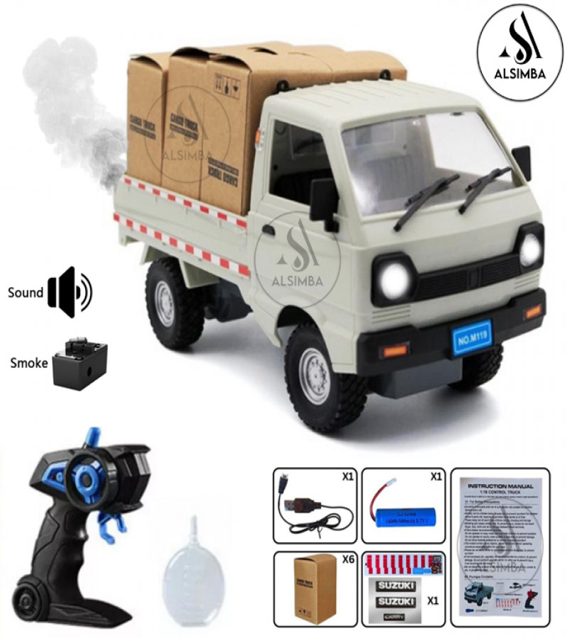 Alsimba RC Suzuki Truck Rechargeable Spray Smoke Pickup – 1:16 Scale with Sound, Lights, Random Color Delivery Toy