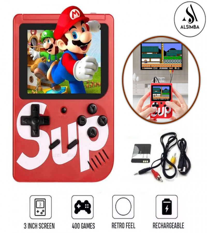 Alsimba SUP Game Box 400 in 1 Retro Handheld Console – 5" Screen, Rechargeable, TV Connect, Kids Gamepad – Red