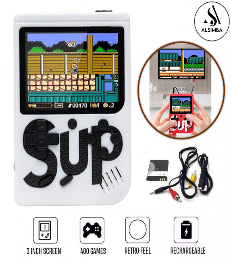 Alsimba SUP Game Box 400 in 1 Retro Handheld Game Console 5" Rechargeable Kids Gamepad with TV/LCD Output - White