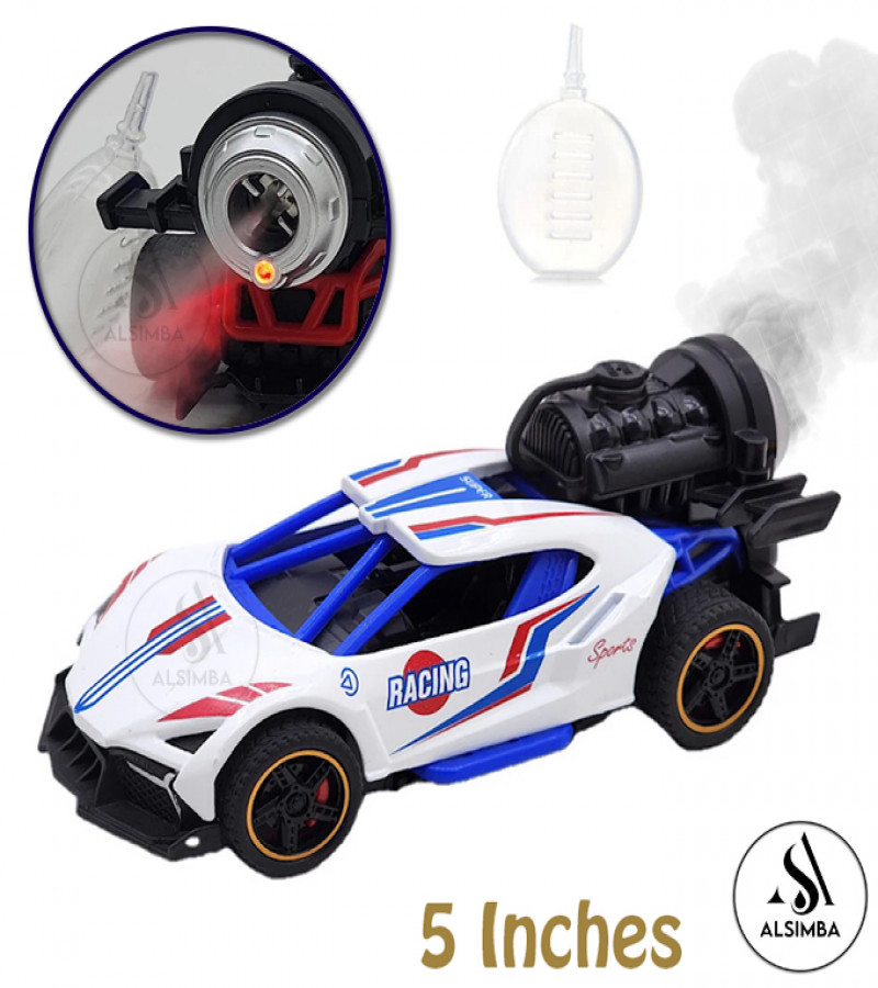 Alsimba Rock Monster Racing Car Toy – Smoke Spray, Pull Back, Battery Operated, Diecast Metal, 5" – White