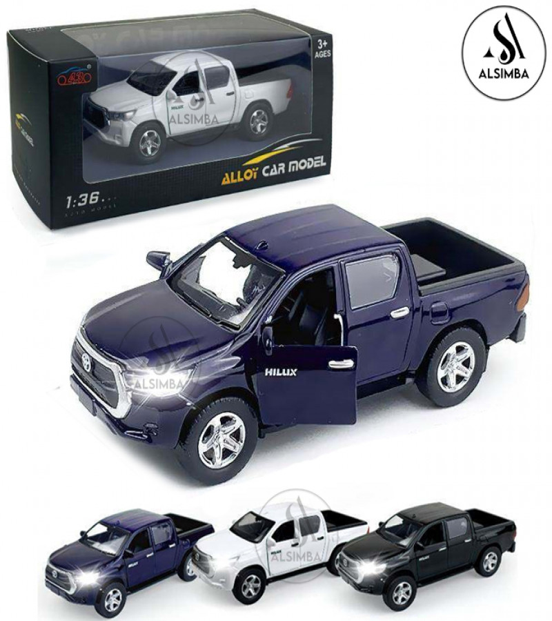 Alsimba Toyota Hilux Vigo Diecast Model Toy Car – 1:36 Scale – Lights & Music – Openable Doors – 5" Size – Blue Metal