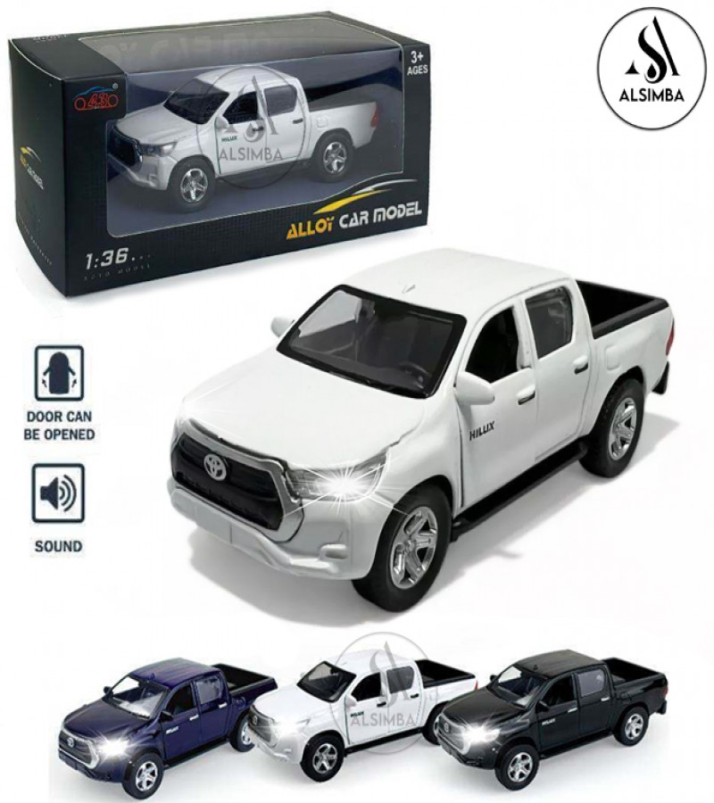 Alsimba 1:36 Toyota Hilux Vigo Die-Cast Metal Toy Car – Lights & Sound – Openable Doors – 5" Miniature – White
