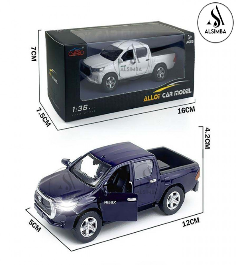 Alsimba Toyota Hilux Vigo Diecast Model Toy Car – 1:36 Scale – Lights & Music – Openable Doors – 5" Size – Blue Metal