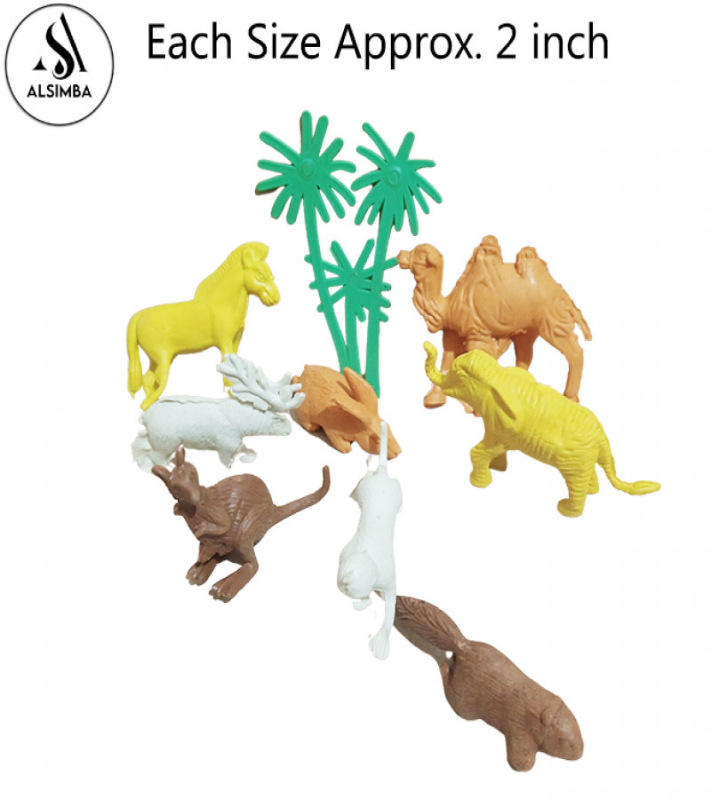 Alsimba Wild Animal Set - 7 Rubber Animal Figures with Tree & 3 Accessories - 2 Inch Size - Educational Toy - Multicolor