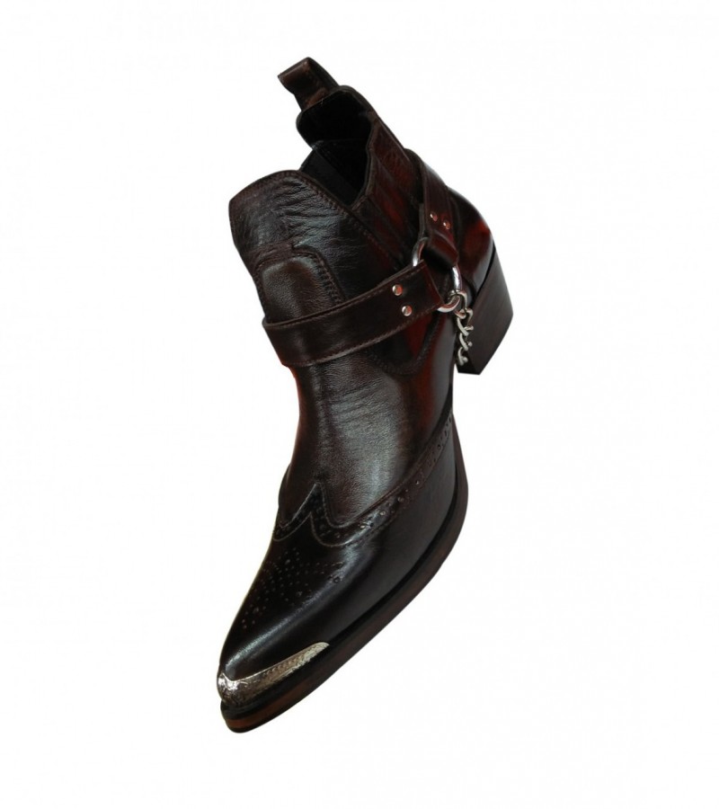 Black Leather Western Cowboy Boots With Side Metal Chain and Metal Strip at Front Sharp Curve-ForMen