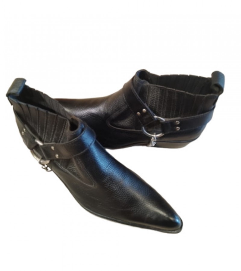 Black Leather Western Simple Cowboy Boots With Metal Chain and Front Sharp Curve