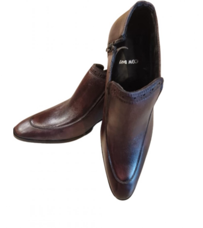 Brown-black pure leather shoe with side metal zip - for men