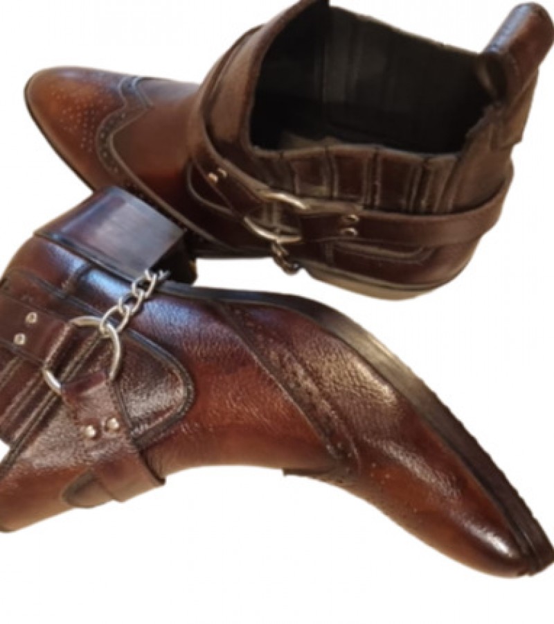 Brown pure leather cowboy shoe with side metal chain and front sharp curve-For Men