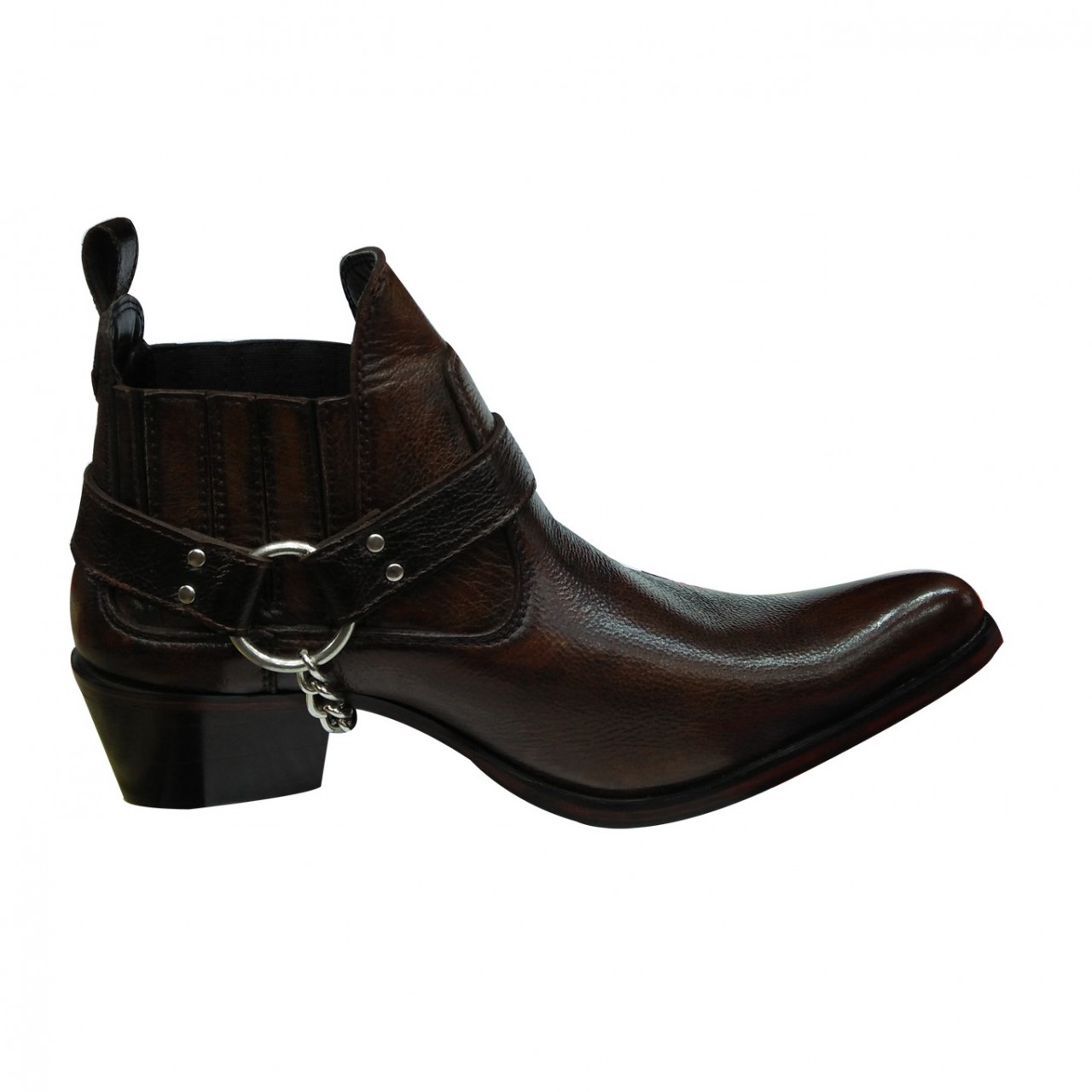 Dark Brown Leather Western Cowboy Boots With side Metal Chain and front sharp curve - For Men