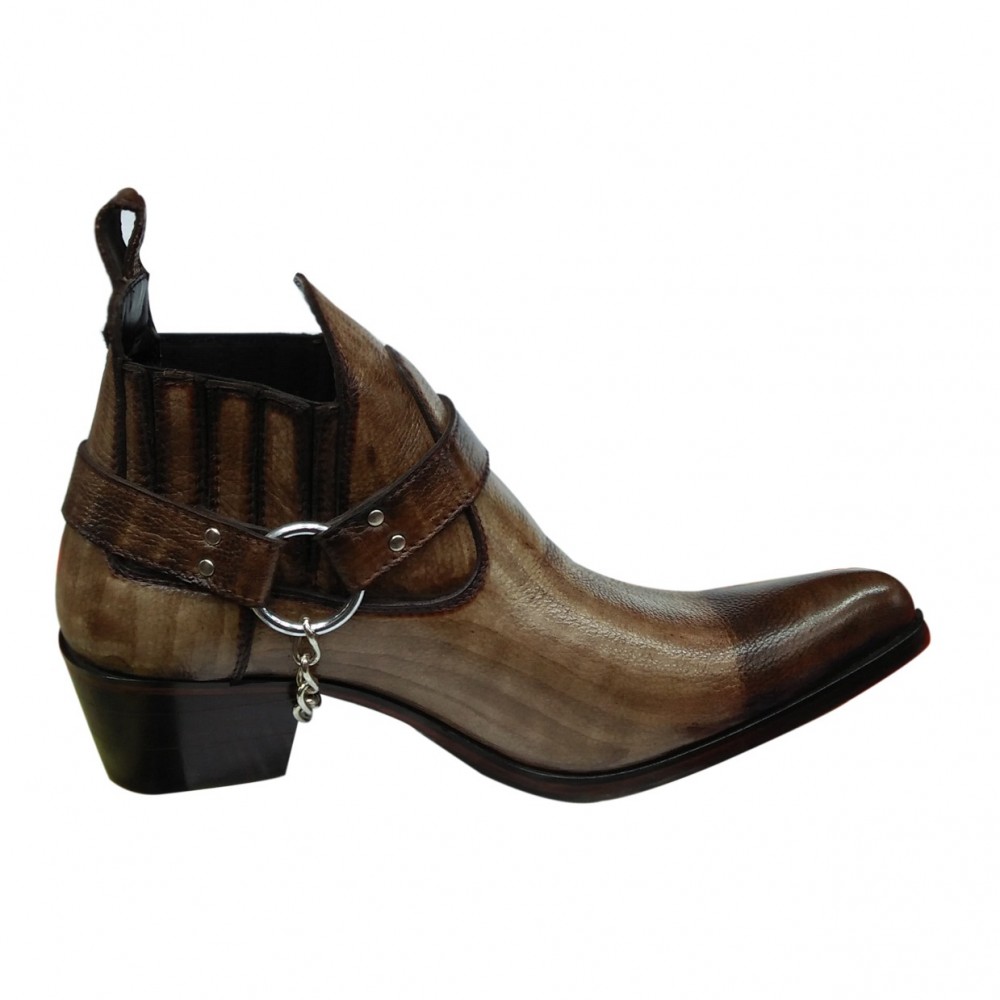 Brown Leather Amazing Western Cowboy Boots With side metal chain and front sharp curve - For Men