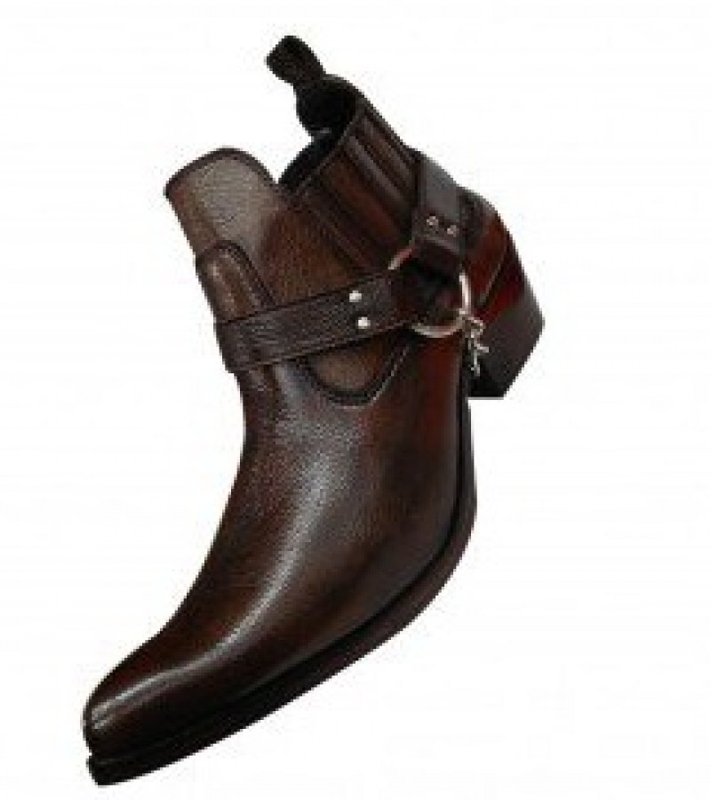 Dark Brown Leather Western Cowboy Boots With Metal Chain For Men - 7 To 12