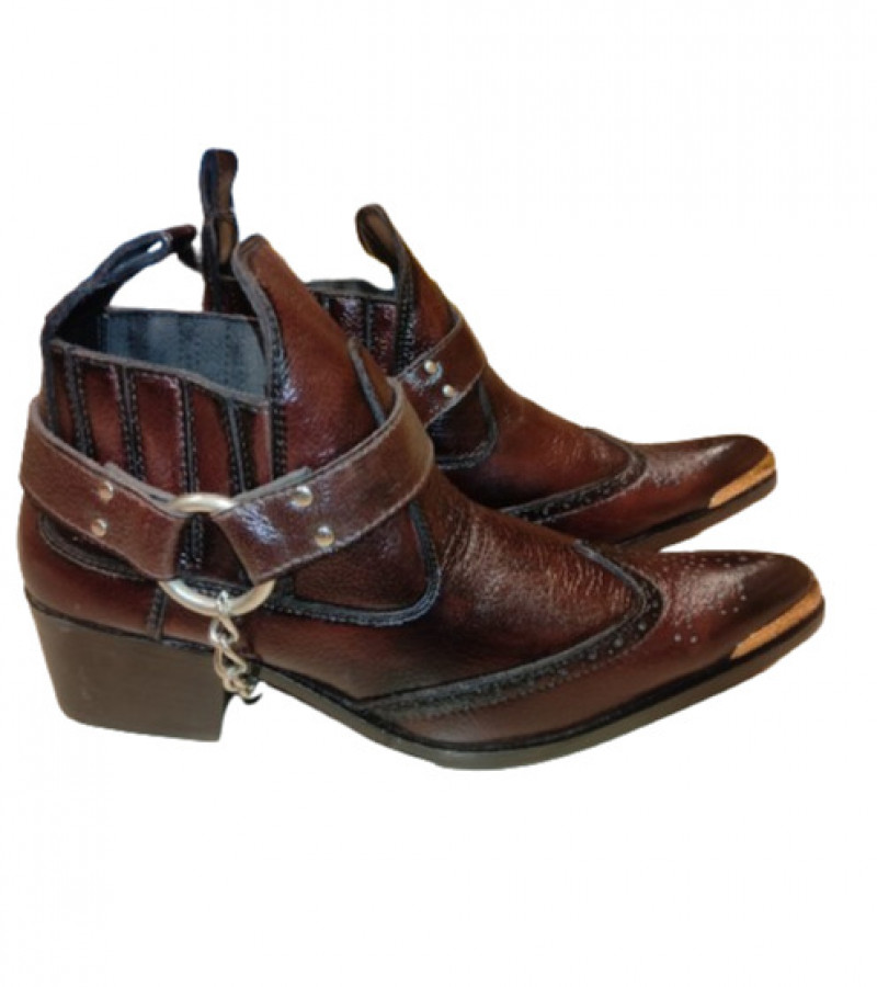 Dark Brown leather western cowboy boots with side metal chain and metal strip at front sharp curve