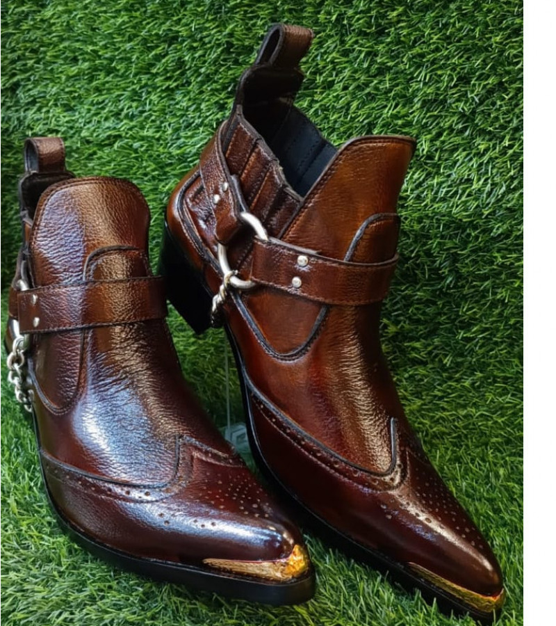 Dark Brown leather western cowboy boots with side metal chain and metal strip at front sharp curve