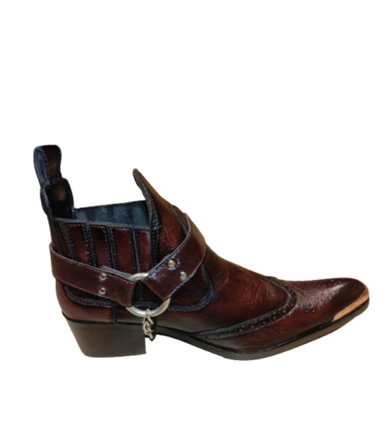 Dark Brown leather western cowboy boots with side metal chain and metal strip at front sharp curve