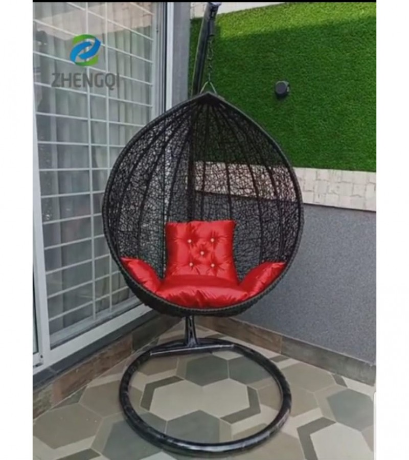 Egg Shape Hanging Black Scrambled Net Swing Chair - Jhoola with Stand & Cushion For Adult